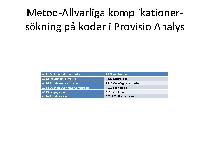 Metod-Allvarliga komplikationersökning på koder i Provisio Analys A 111 Oväntat svår intubation A 112