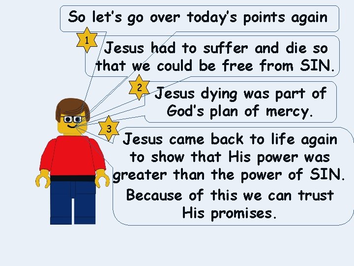 So let’s go over today’s points again 1 Jesus had to suffer and die