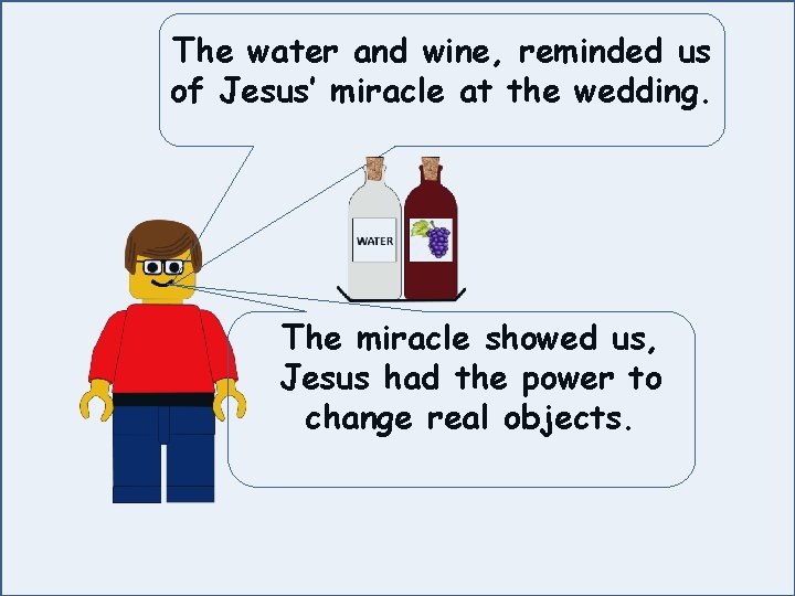 The water and wine, reminded us of Jesus’ miracle at the wedding. The miracle