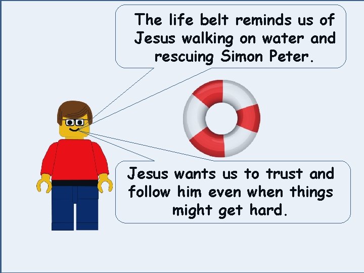 The life belt reminds us of Jesus walking on water and rescuing Simon Peter.