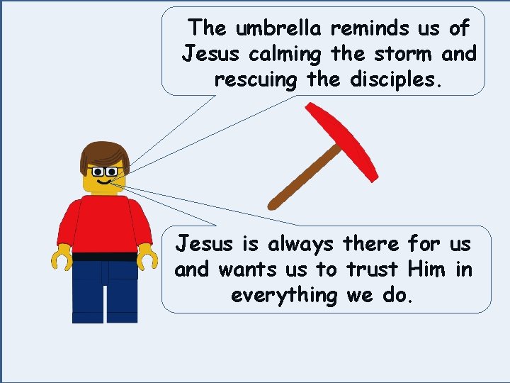 The umbrella reminds us of Jesus calming the storm and rescuing the disciples. Jesus