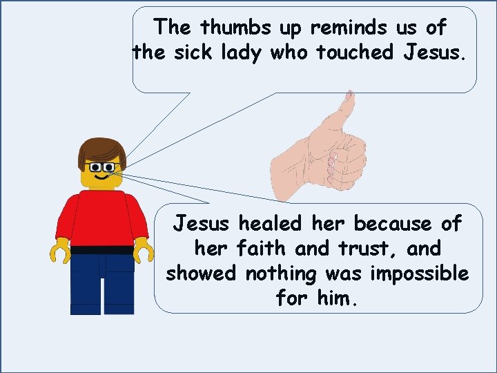 The thumbs up reminds us of the sick lady who touched Jesus healed her