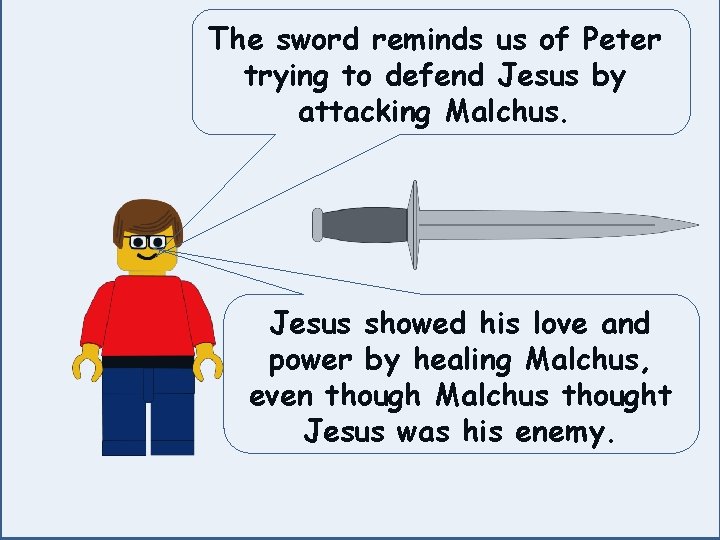 The sword reminds us of Peter trying to defend Jesus by attacking Malchus. Jesus