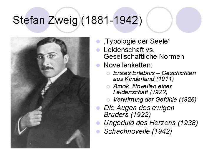 Stefan Zweig (1881 -1942) ‚Typologie der Seele‘ Leidenschaft vs. Gesellschaftliche Normen l Novellenketten: l