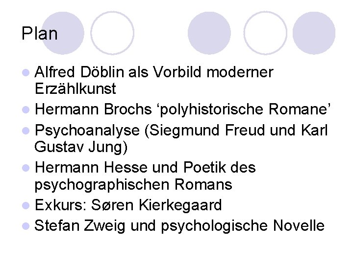 Plan l Alfred Döblin als Vorbild moderner Erzählkunst l Hermann Brochs ‘polyhistorische Romane’ l