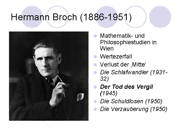 Hermann Broch (1886 -1951) l l l l Mathematik- und Philosophiestudien in Wien Wertezerfall