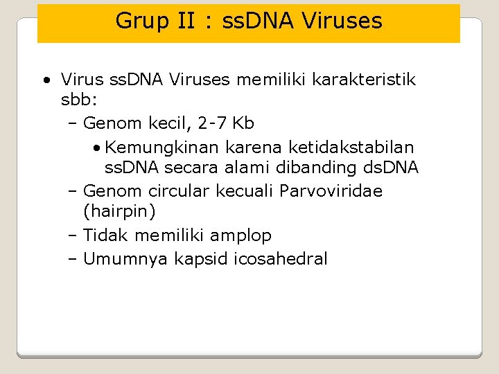 Grup II : ss. DNA Viruses • Virus ss. DNA Viruses memiliki karakteristik sbb: