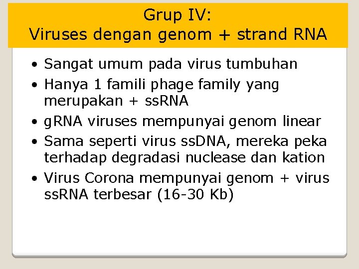 Grup IV: Viruses dengan genom + strand RNA • Sangat umum pada virus tumbuhan