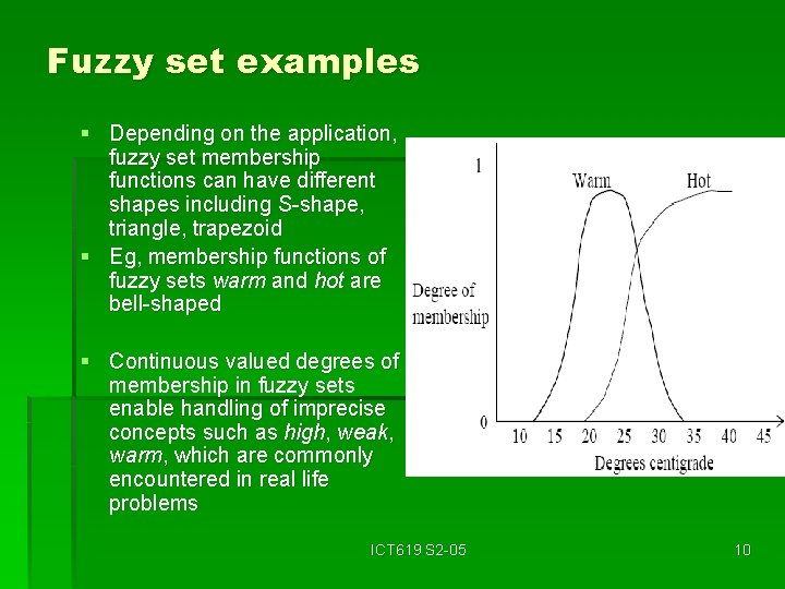 Fuzzy set examples § Depending on the application, fuzzy set membership functions can have