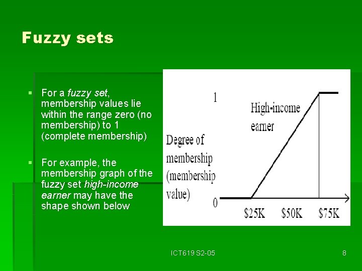 Fuzzy sets § For a fuzzy set, membership values lie within the range zero