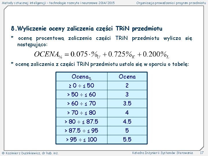 Metody sztucznej inteligencji – technologie rozmyte i neuronowe 2014/2015 Organizacja prowadzenia i program przedmiotu