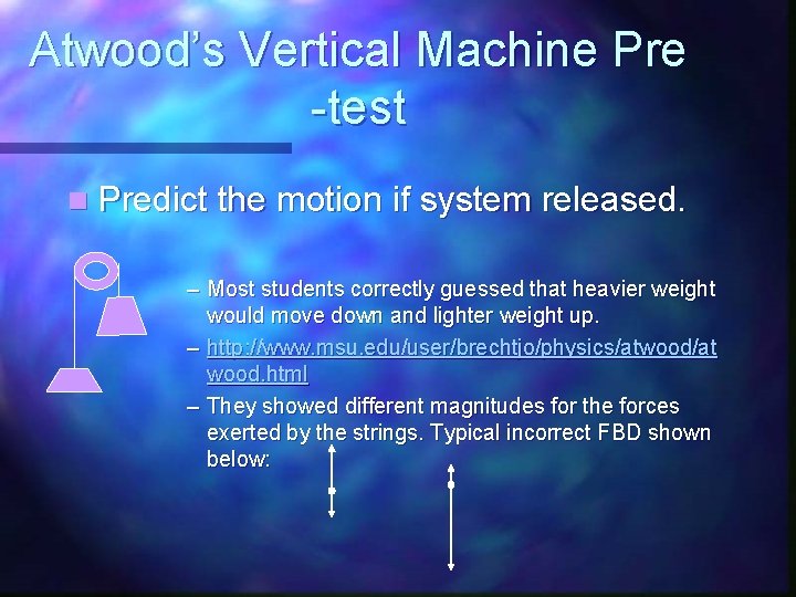 Atwood’s Vertical Machine Pre -test n Predict the motion if system released. – Most