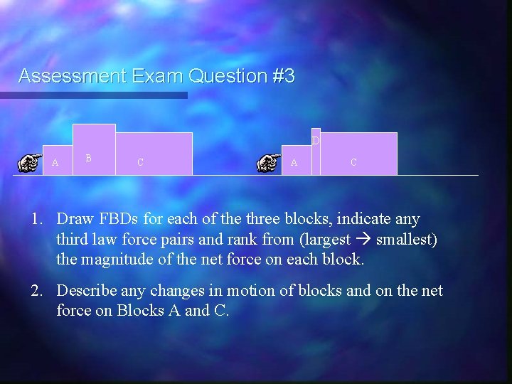 Assessment Exam Question #3 D A B C A C 1. Draw FBDs for