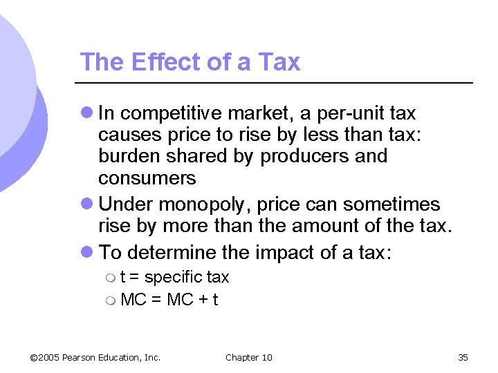 The Effect of a Tax l In competitive market, a per-unit tax causes price