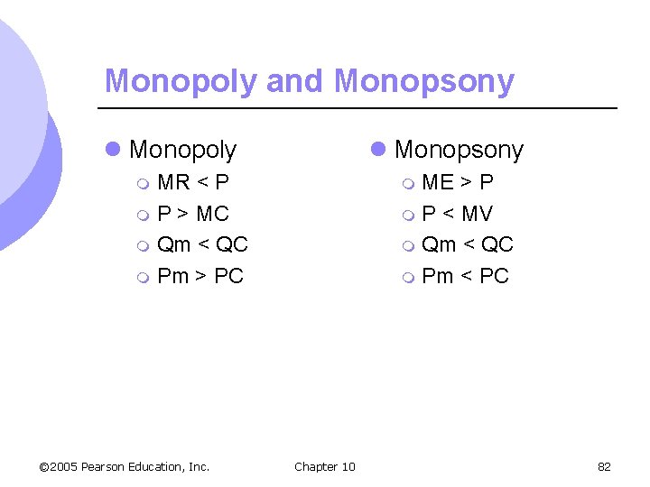 Monopoly and Monopsony l Monopoly l Monopsony MR < P m P > MC
