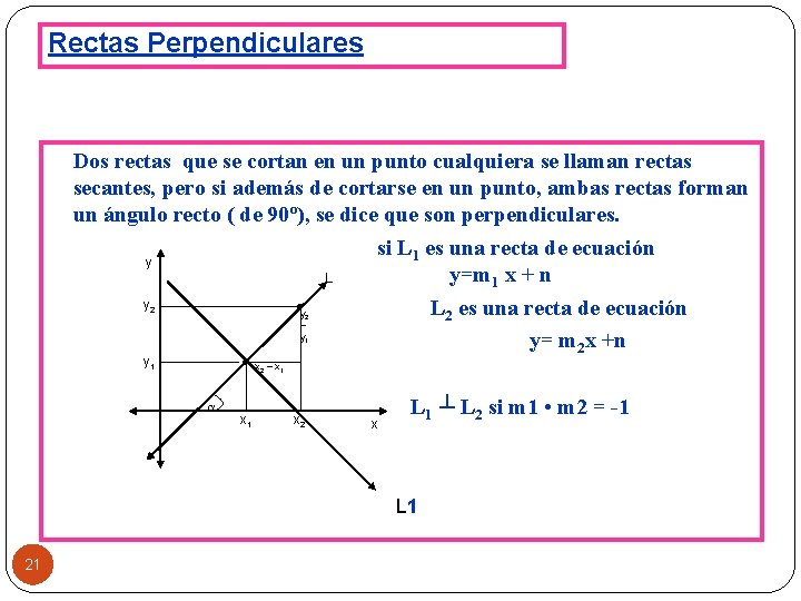 Rectas Perpendiculares Dos rectas que se cortan en un punto cualquiera se llaman rectas