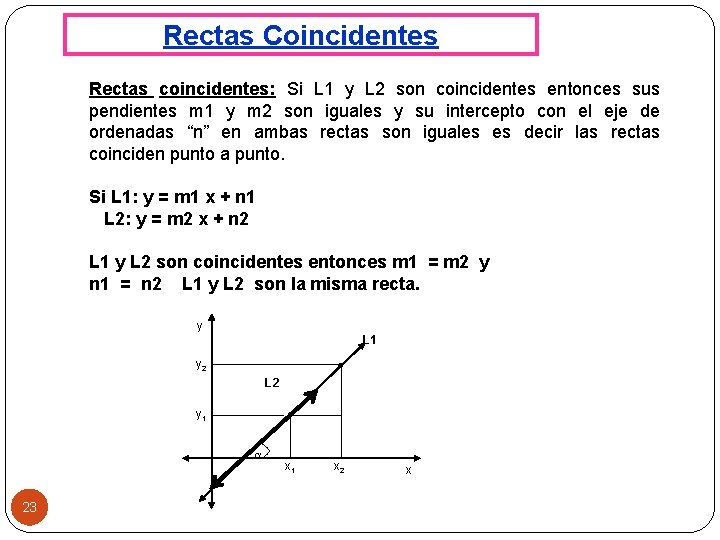 Rectas Coincidentes Rectas coincidentes: Si L 1 y L 2 son coincidentes entonces sus