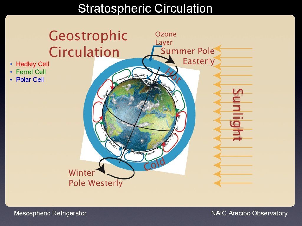 Stratospheric Circulation • • • Hadley Cell Ferrel Cell Polar Cell Mesospheric Refrigerator NAIC