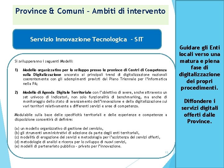 Province & Comuni – Ambiti di intervento Servizio Innovazione Tecnologica - SIT Si svilupperanno