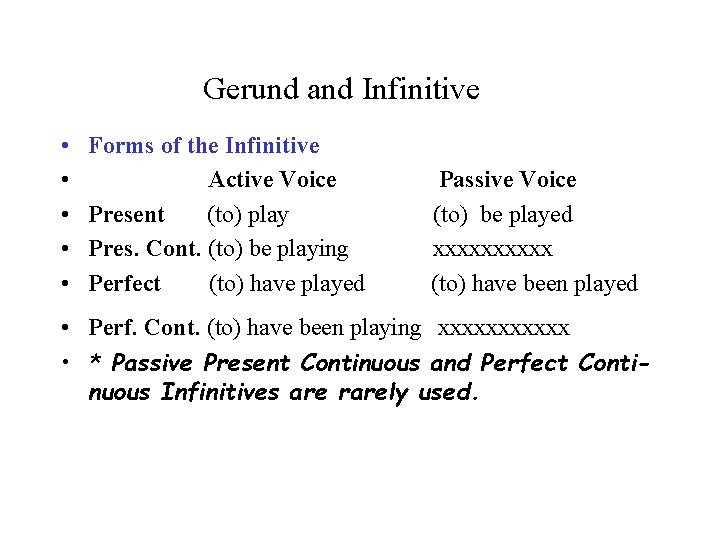 Gerund and Infinitive • • • Forms of the Infinitive Active Voice Present (to)