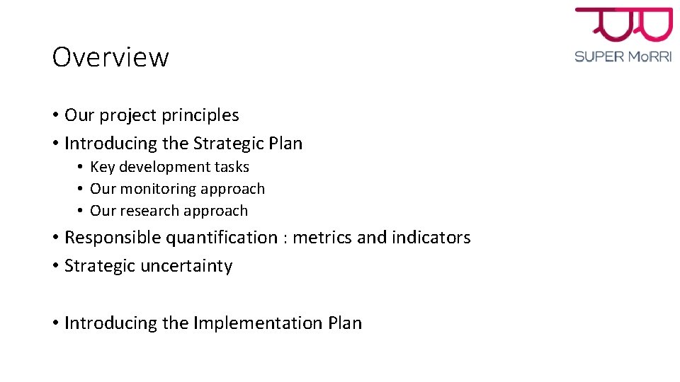 Overview • Our project principles • Introducing the Strategic Plan • Key development tasks Overview • Our project principles • Introducing the Strategic Plan • Key development tasks