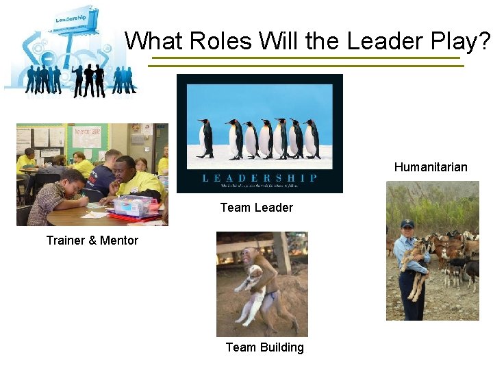 What Roles Will the Leader Play? Humanitarian Team Leader Trainer & Mentor Team Building