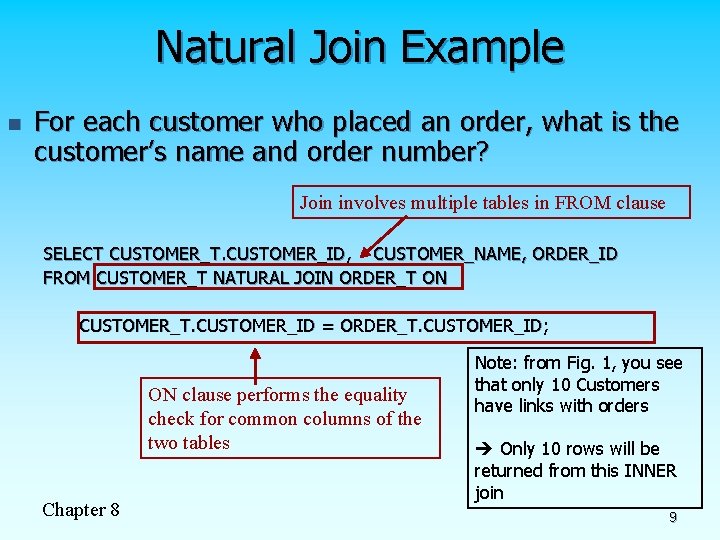 Natural Join Example n For each customer who placed an order, what is the