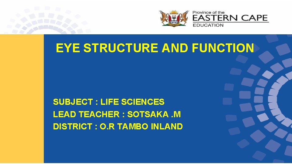 EYE STRUCTURE AND FUNCTION SUBJECT : LIFE SCIENCES LEAD TEACHER : SOTSAKA. M DISTRICT