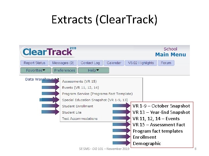 Extracts (Clear. Track) VR 1 -9 – October Snapshot VR 13 – Year-End Snapshot