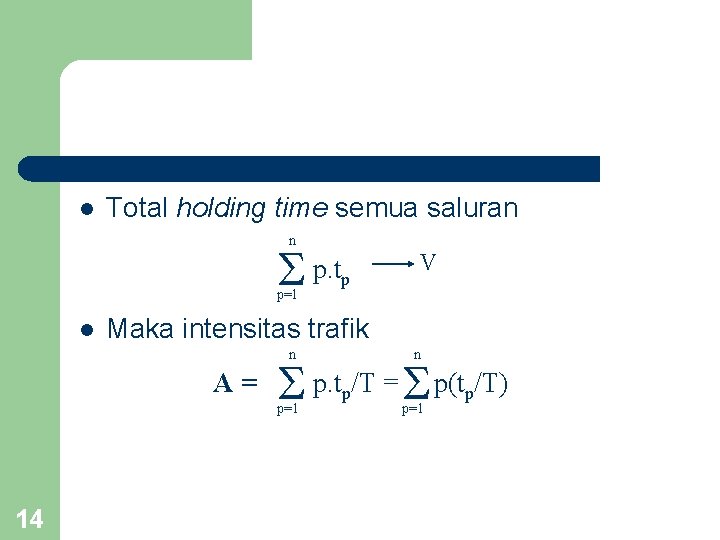 l Total holding time semua saluran n p=1 l p. tp Maka intensitas trafik