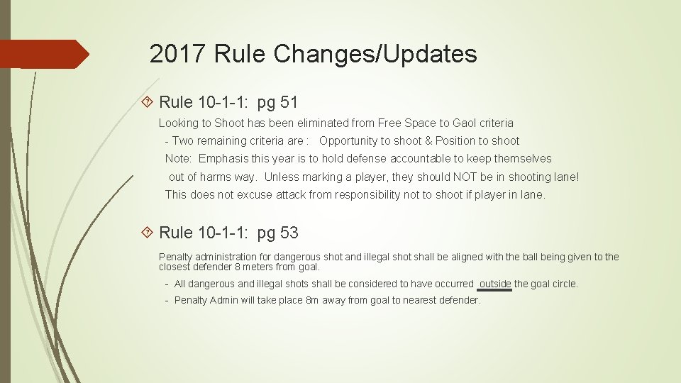 2017 Rule Changes/Updates Rule 10 -1 -1: pg 51 Looking to Shoot has been