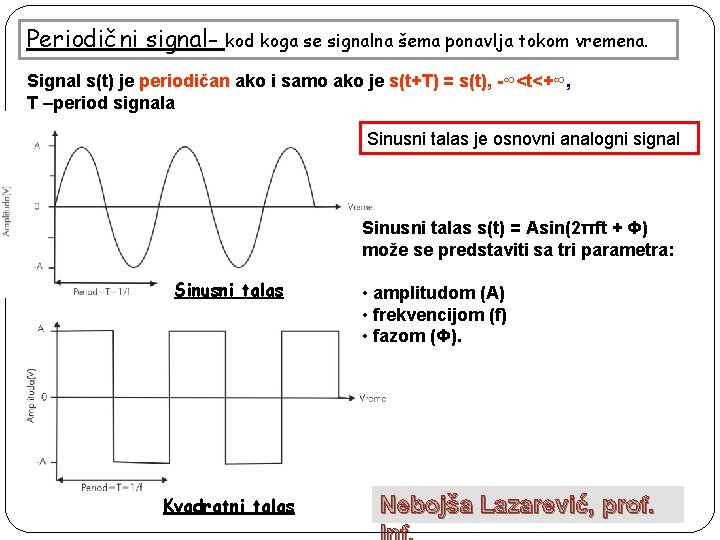 Periodični signal- kod koga se signalna šema ponavlja tokom vremena. Signal s(t) je periodičan