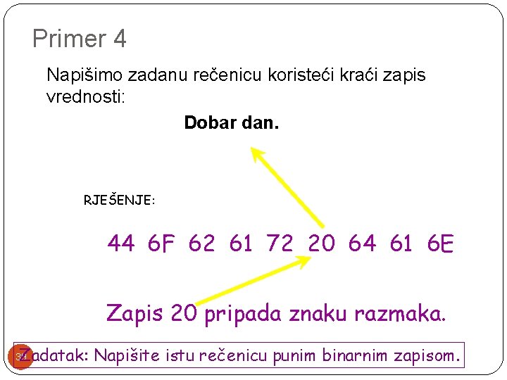 Primer 4 Napišimo zadanu rečenicu koristeći kraći zapis vrednosti: Dobar dan. RJEŠENJE: 44 6