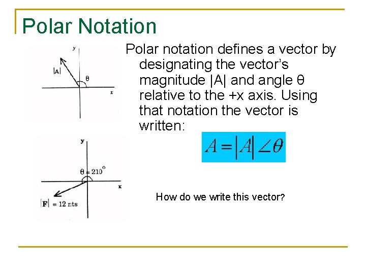 Polar Notation Polar notation defines a vector by designating the vector’s magnitude |A| and