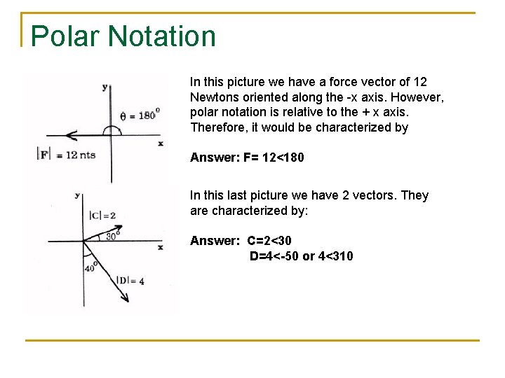 Polar Notation In this picture we have a force vector of 12 Newtons oriented