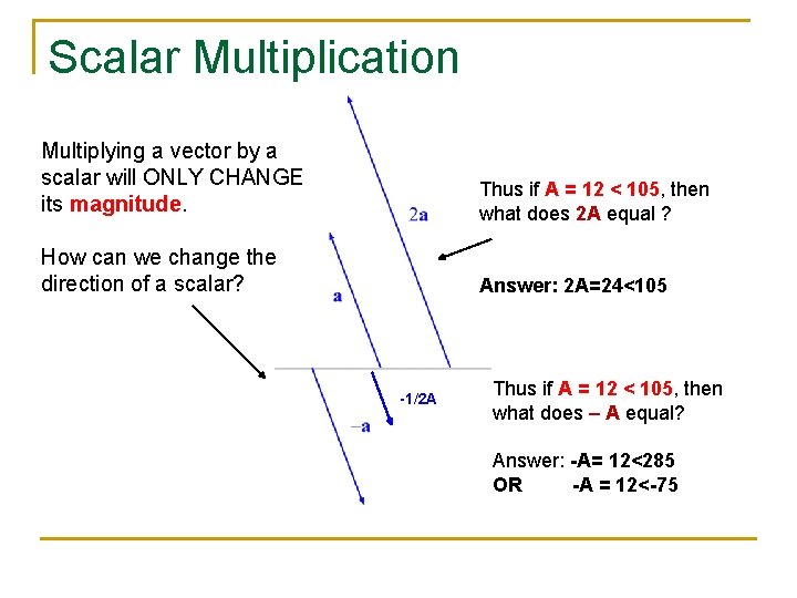 Scalar Multiplication Multiplying a vector by a scalar will ONLY CHANGE its magnitude. Thus