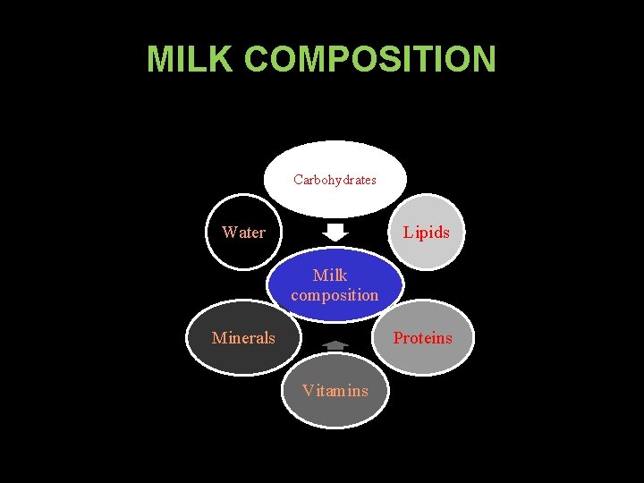 MILK COMPOSITION Carbohydrates Water Lipids Milk composition Proteins Minerals Vitamins 