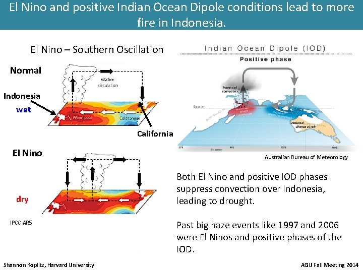 El Nino and positive Indian Ocean Dipole conditions lead to more fire in Indonesia.