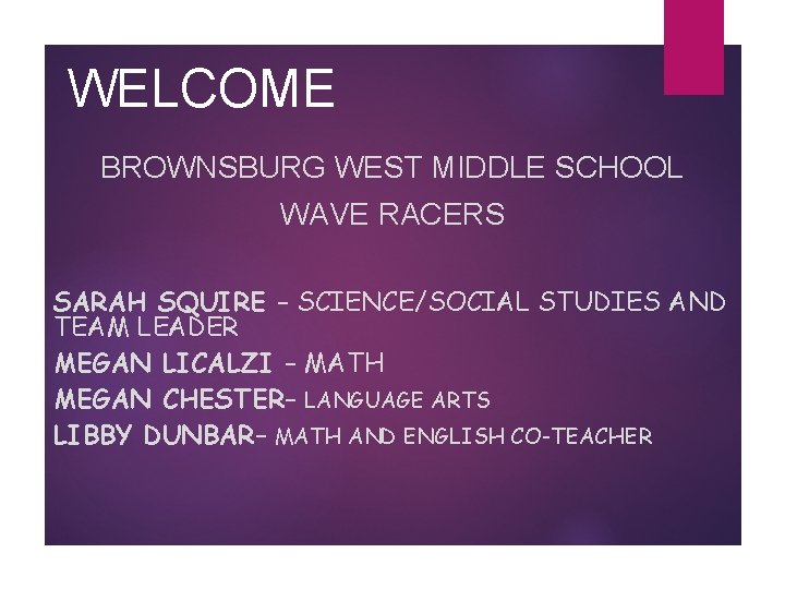 WELCOME BROWNSBURG WEST MIDDLE SCHOOL WAVE RACERS SARAH SQUIRE – SCIENCE/SOCIAL STUDIES AND TEAM