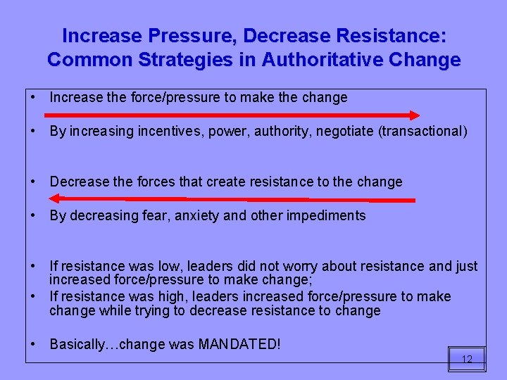 Increase Pressure, Decrease Resistance: Common Strategies in Authoritative Change • Increase the force/pressure to