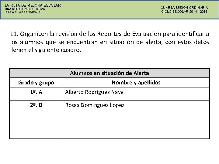 LA RUTA DE MEJORA ESCOLAR CUARTA SESIÓN ORDINARIA CICLO ESCOLAR 2014 - 2015 UNA