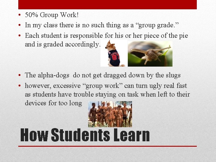  • 50% Group Work! • In my class there is no such thing