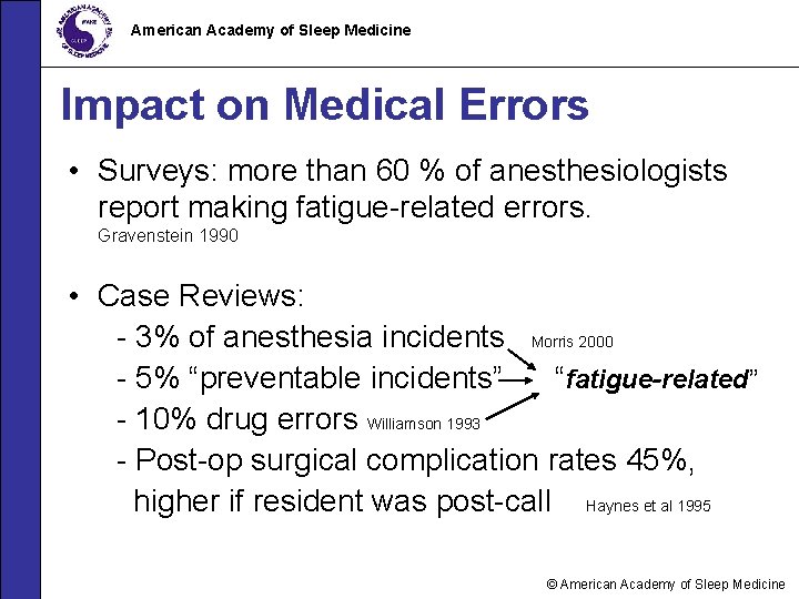 American Academy of Sleep Medicine Impact on Medical Errors • Surveys: more than 60