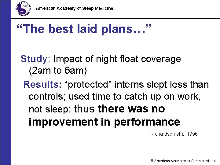 American Academy of Sleep Medicine “The best laid plans…” Study: Impact of night float