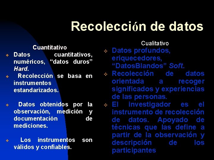 Recolección de datos v v Cuantitativo Datos cuantitativos, numéricos, “datos duros” Hard Recolección se