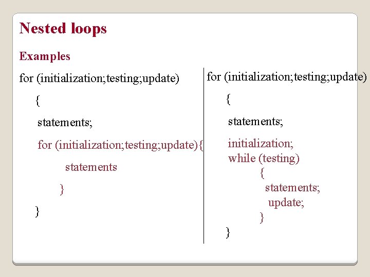 Nested loops Examples for (initialization; testing; update) { { statements; for (initialization; testing; update){