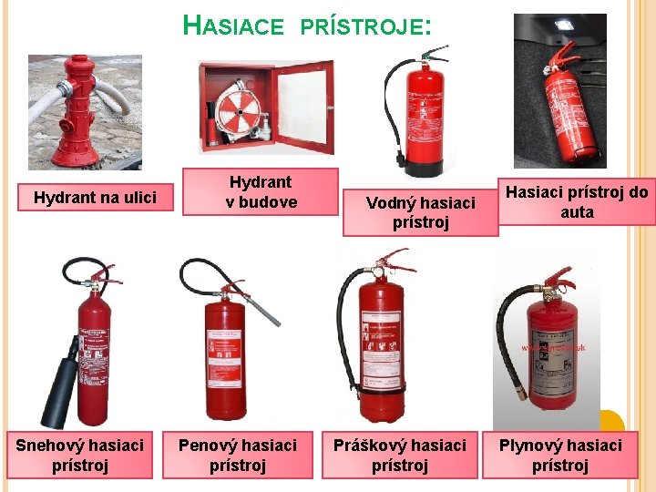 HASIACE Hydrant na ulici Snehový hasiaci prístroj Hydrant v budove Penový hasiaci prístroj PRÍSTROJE: HASIACE Hydrant na ulici Snehový hasiaci prístroj Hydrant v budove Penový hasiaci prístroj PRÍSTROJE: