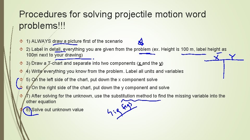 Procedures for solving projectile motion word problems!!! 1) ALWAYS draw a picture first of