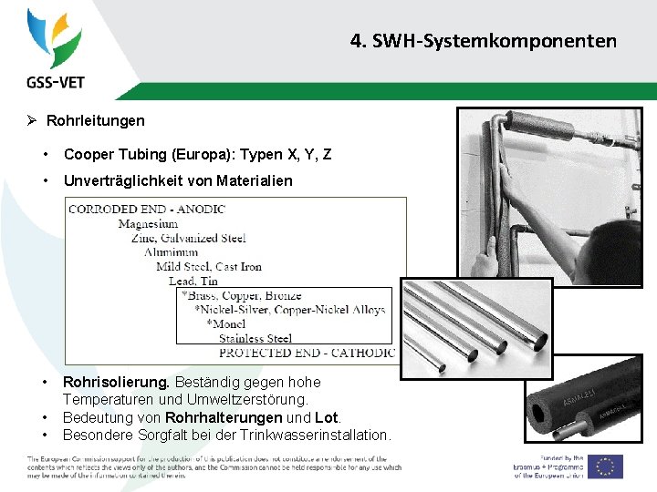 4. SWH-Systemkomponenten Ø Rohrleitungen • Cooper Tubing (Europa): Typen X, Y, Z • Unverträglichkeit