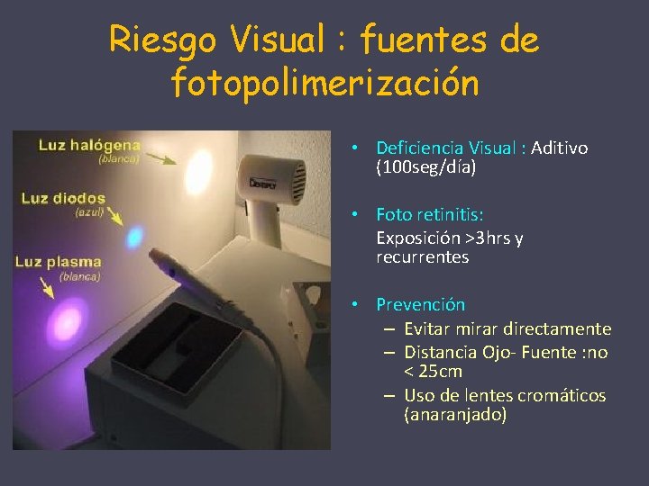 Riesgo Visual : fuentes de fotopolimerización • Deficiencia Visual : Aditivo (100 seg/día) •